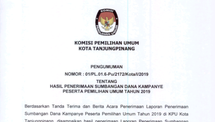 LPSDK Pemilu 2019 Tingkat Kota Tanjungpinang, Nasdem Miliki Dana Sumbangan Kampanye Terbanyak, Kedua PAN dan Ketiga Gerindra