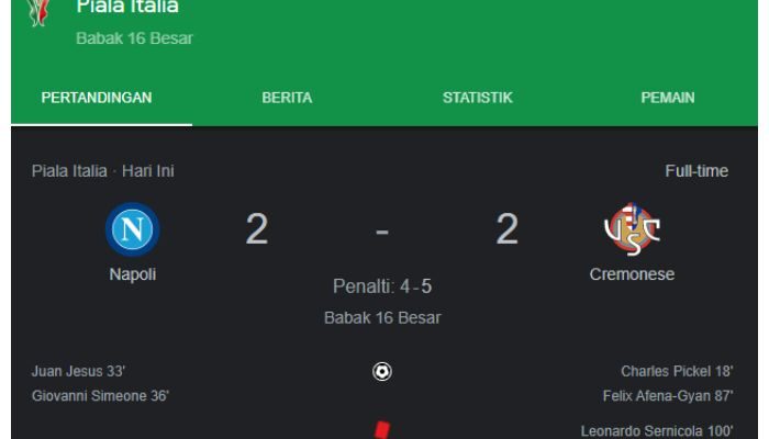 Napoli Tumbang Melawan Cremonese Lewat Adu Penalti Dengan Skor 4-5.