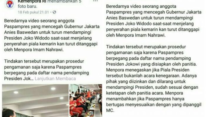 Tulis Status Bela Jokowi dan Paspampresnya Terkait Tragedi Anis Baswedan di GBK, Ribuan Netizen Hujat Laman FB Kemenpora RI