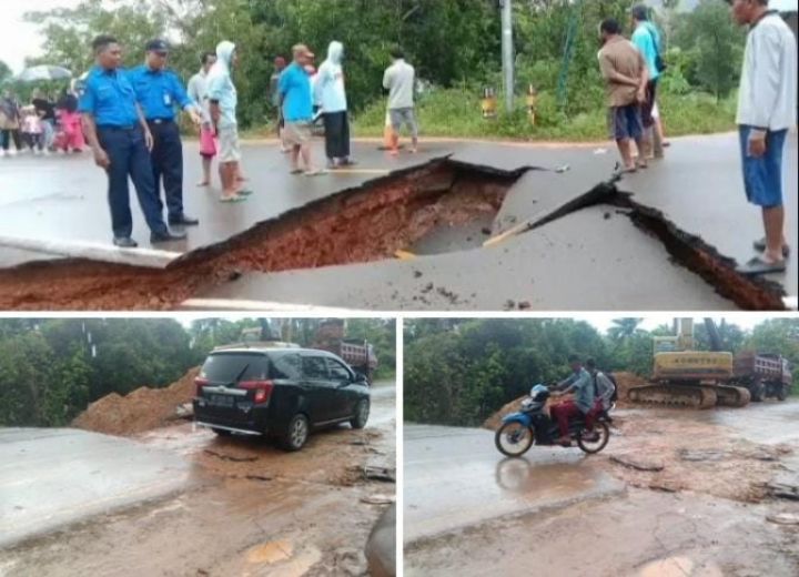 Jalan ambles di wilayah Kota Batam akibat dari curah hujan yang deras