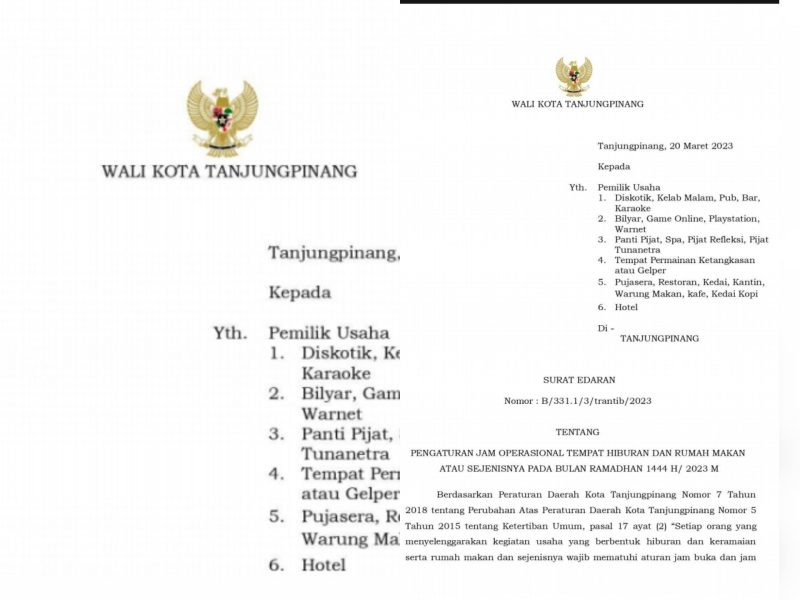 Surat Edaran Walikota Tanjungpinang tentang Jam Operasional Tempat Hiburan Malam dan Rumah Makan atau sejenisnya selama bulan Ramadhan 1444 H