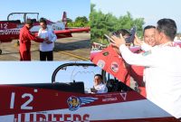 Gubernur Kepri menaiki cokpit pesawat Jupiter Aerobatic Team dan pasangkan Tanjak Kehormatan kepada Danlanud Adi Sucipto di Bandara Raja Haji Fisabilillah