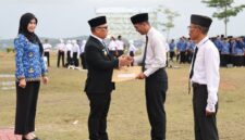 Wagub Nyanyang Haris Pratamura didampingi Kepala BKD Kepri Yeny Trisia Isabella menyerahkan SK kepada perwakilan PPPK Paruh Waktu yang disejalankan dalam peringatan Hari Pahlawan di Kantor Gubernur, Dompak, Tanjungpinang. (Enji/DISKOMINFO KEPRI)